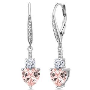 925 Sterling Silver 2.99 Cttw Peach Morganite and Moissanite Heart Earrings